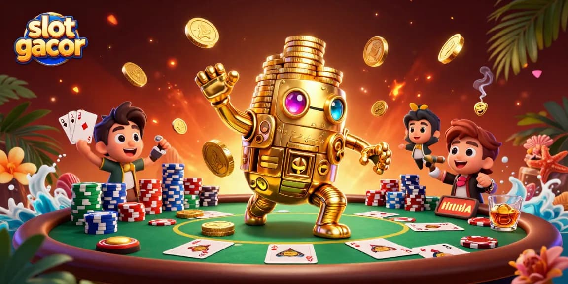 Experience slot gacor excitement with an ancient golden golem amidst poker action.