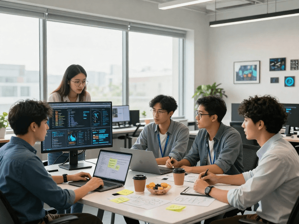 Collaborative team analyzing spicy AI data in a modern workspace