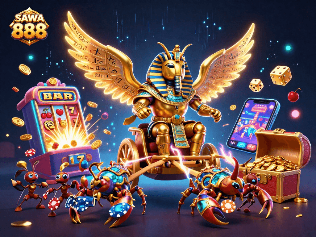 Experience thrilling moments with SAWA 888 as a colossal beetle and scorpions dominate the slot machine world.