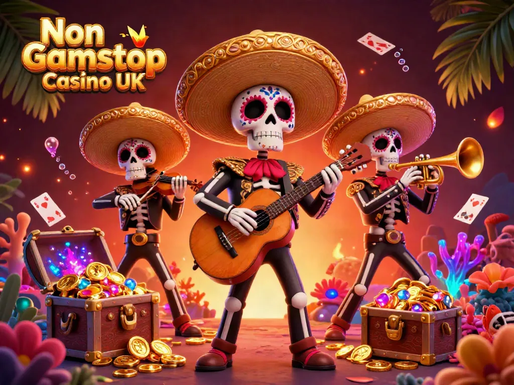 Experience the thrills of Non Gamstop Casino UK with a vibrant mariachi band amidst treasure.
