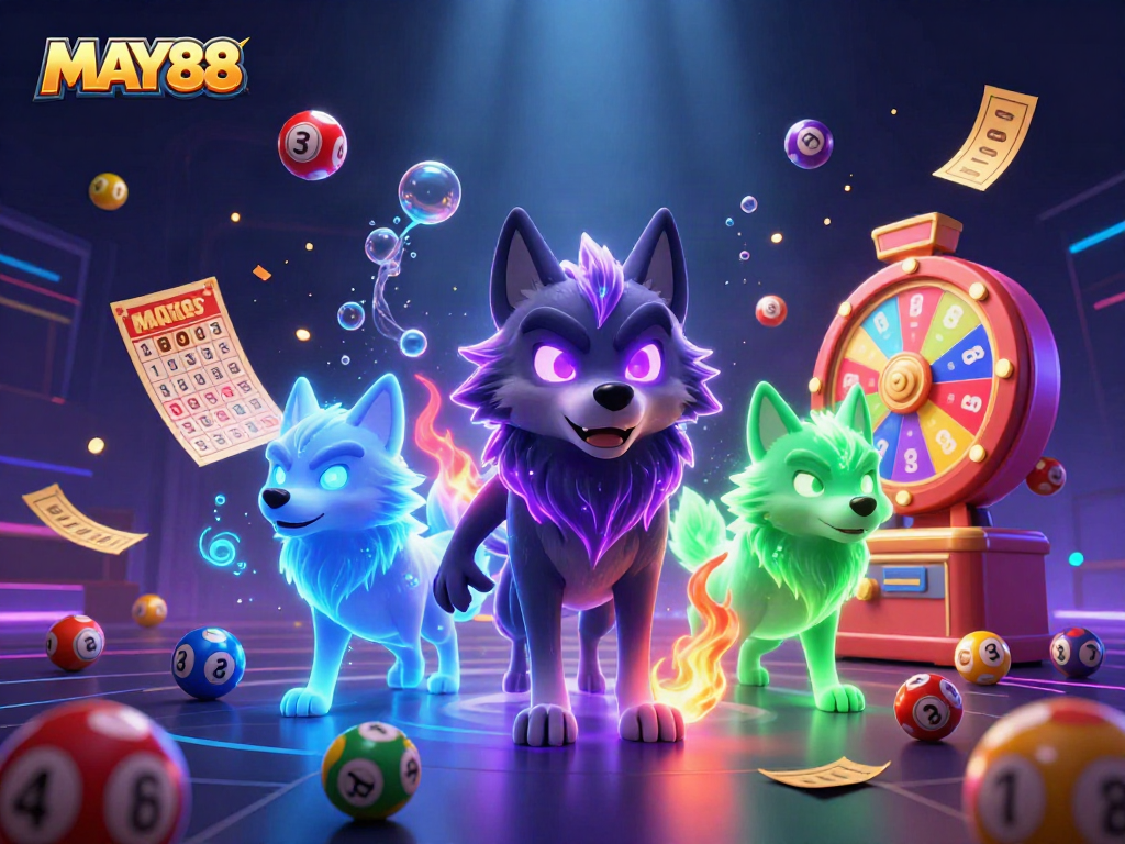 Win exciting prizes at MAY88 with vibrant lottery-themed casino illustration