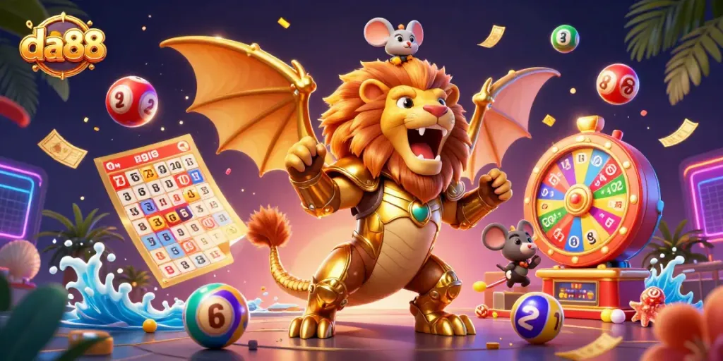 Experience thrilling da88 lottery action with vibrant animated elements and a heroic chimera!