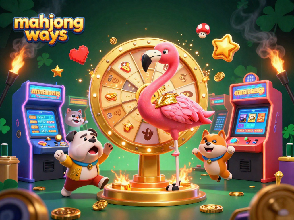 Experience thrilling mahjong ways gameplay as a cartoon flamingo host spins a prize wheel in a vibrant arcade scene.