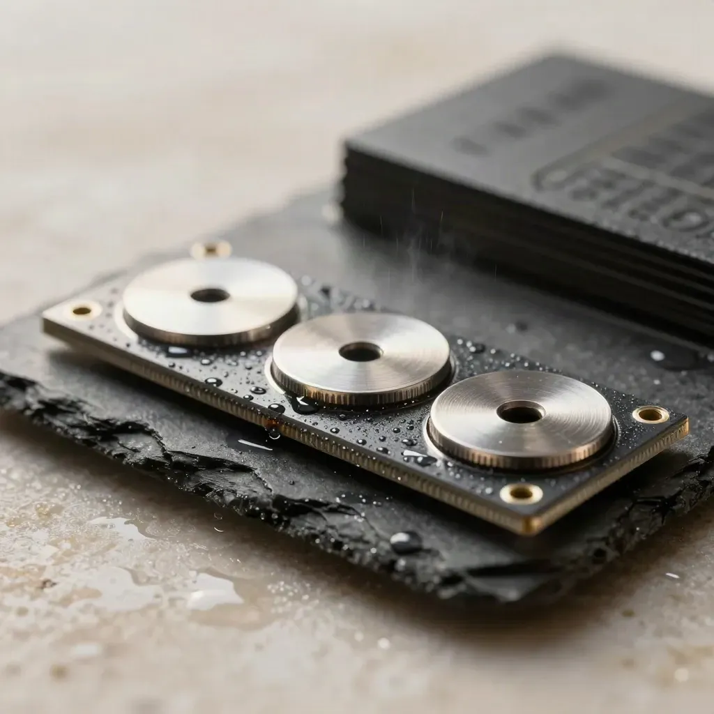 Graphite referral tracker module half-sunk in wet stone with three reflective token discs