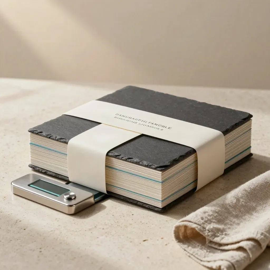 Sealed partner ops bundle beside a brushed-metal dock on travertine in soft studio light.