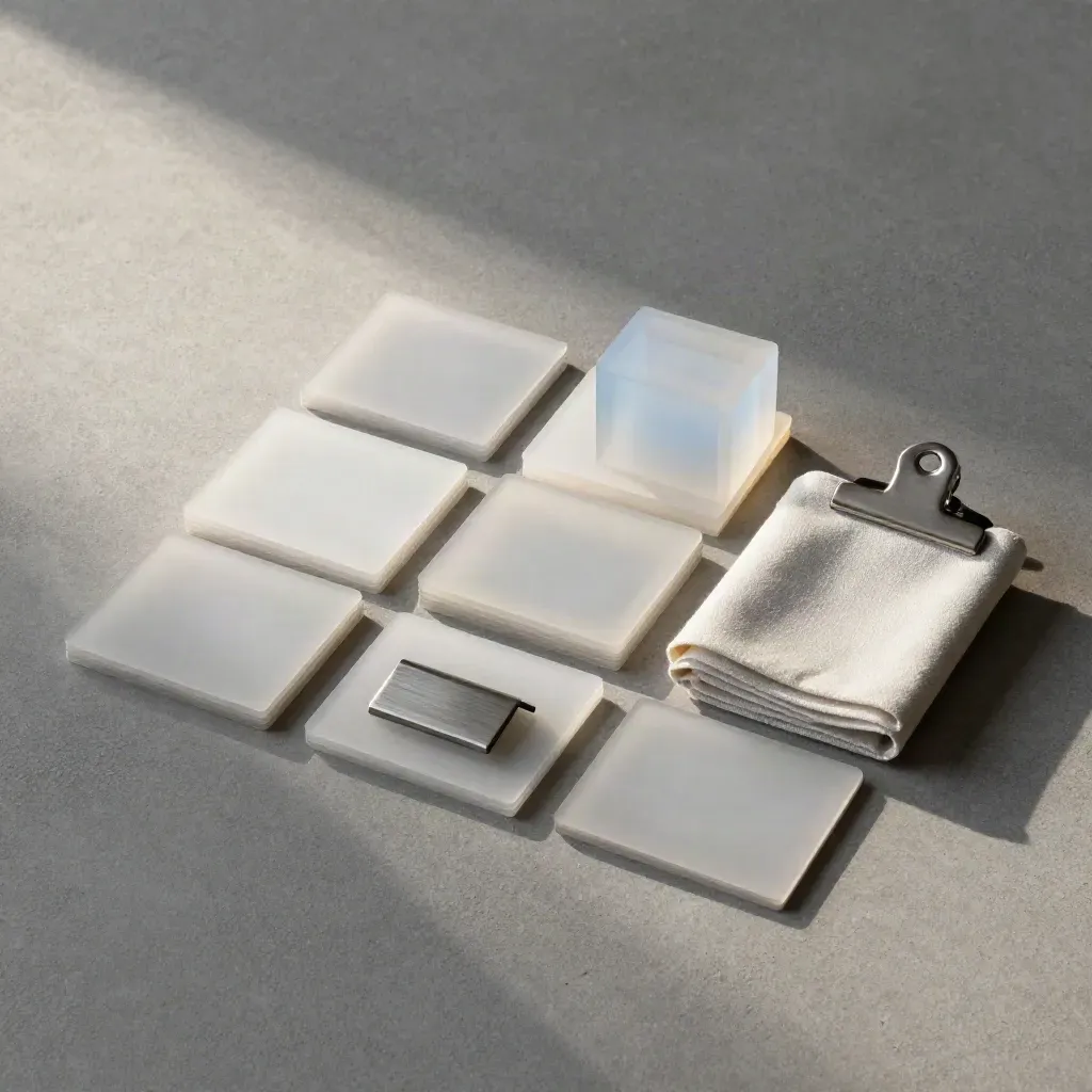 Overhead flat lay of a frosted onboarding kit cube, cards, clip and linen sleeve.