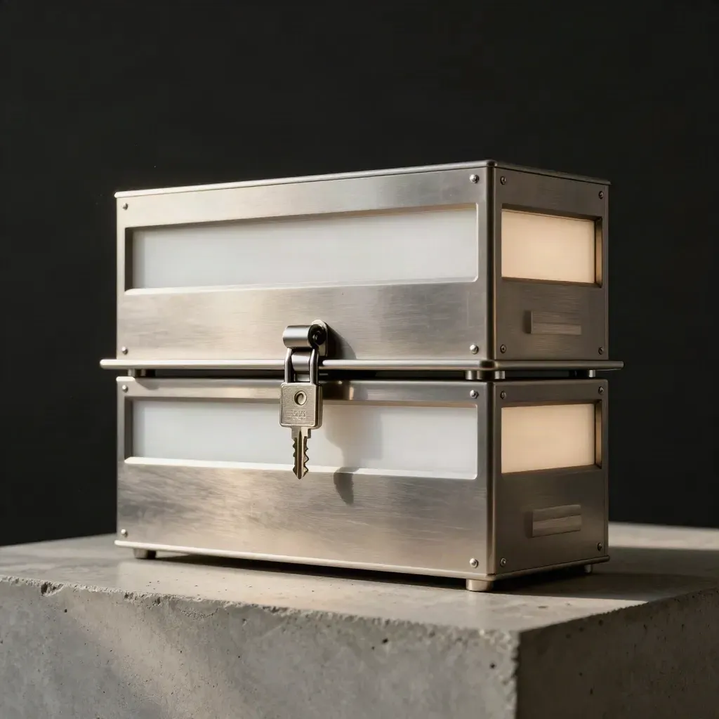 Split-level modular deal registration hub on pale concrete, locking clasp mid-close under dramatic studio light.