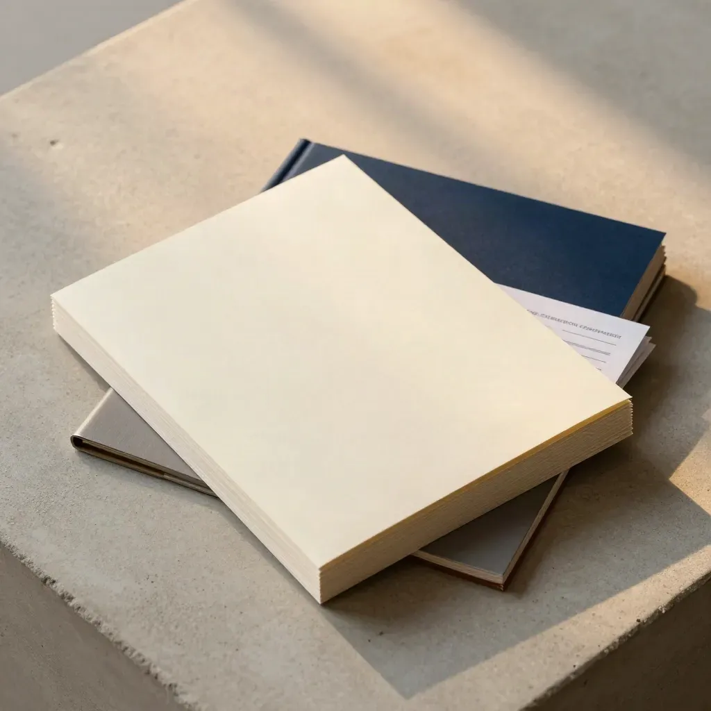 Overhead commission report pack stack with sleeve, clip and paper blocks on concrete.