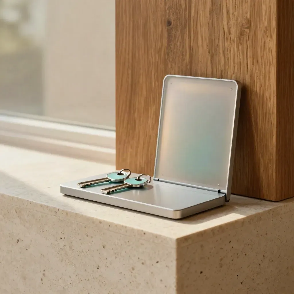 Portal access dock with two tokens and translucent panel on travertine ledge, softly lit