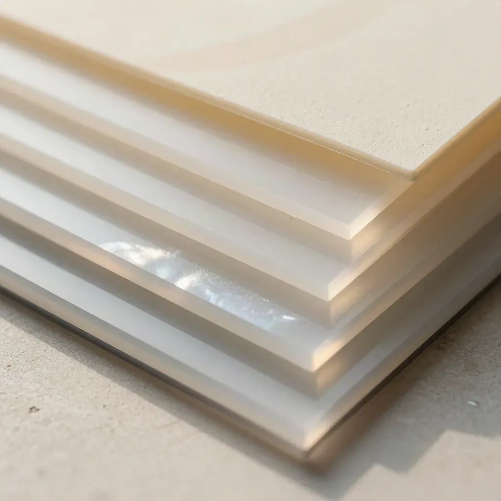Translucent workflow tiles and a folded proof card overlapping on pale stone.
