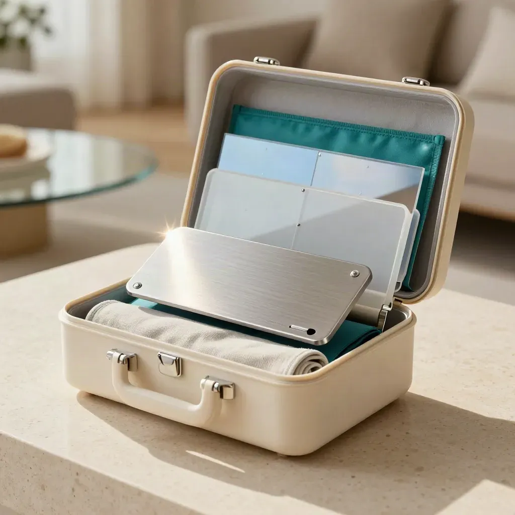 Premium annual pack case with teal inserts and brushed-metal dock on pale travertine.