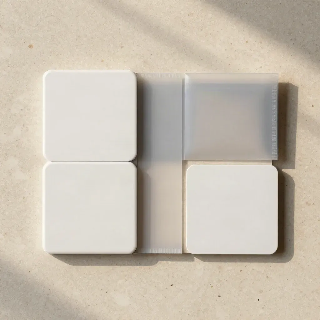Overhead flatlay of stacked onboarding modules, frosted divider and sealed sleeve on pale travertine.
