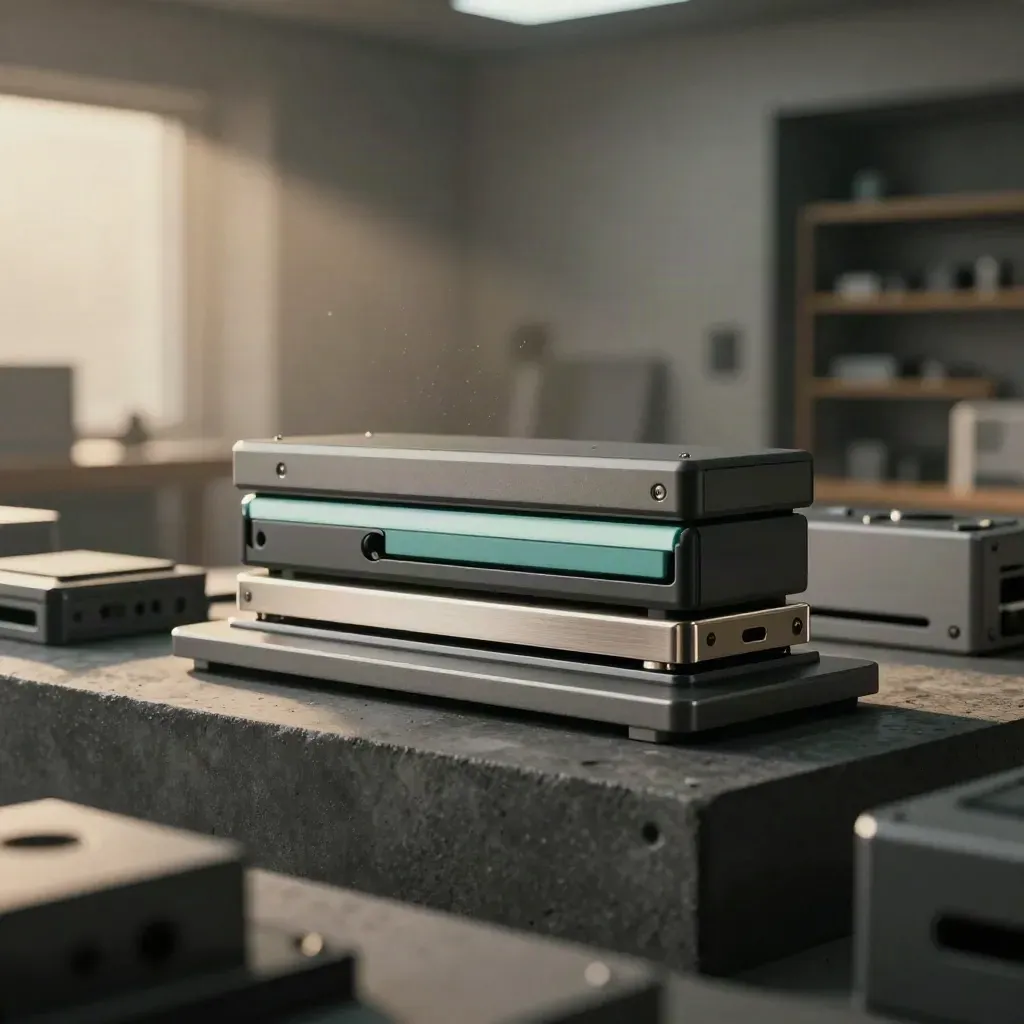 Twin-module deal reg product in a dark studio with teal rim light and concrete plinth.