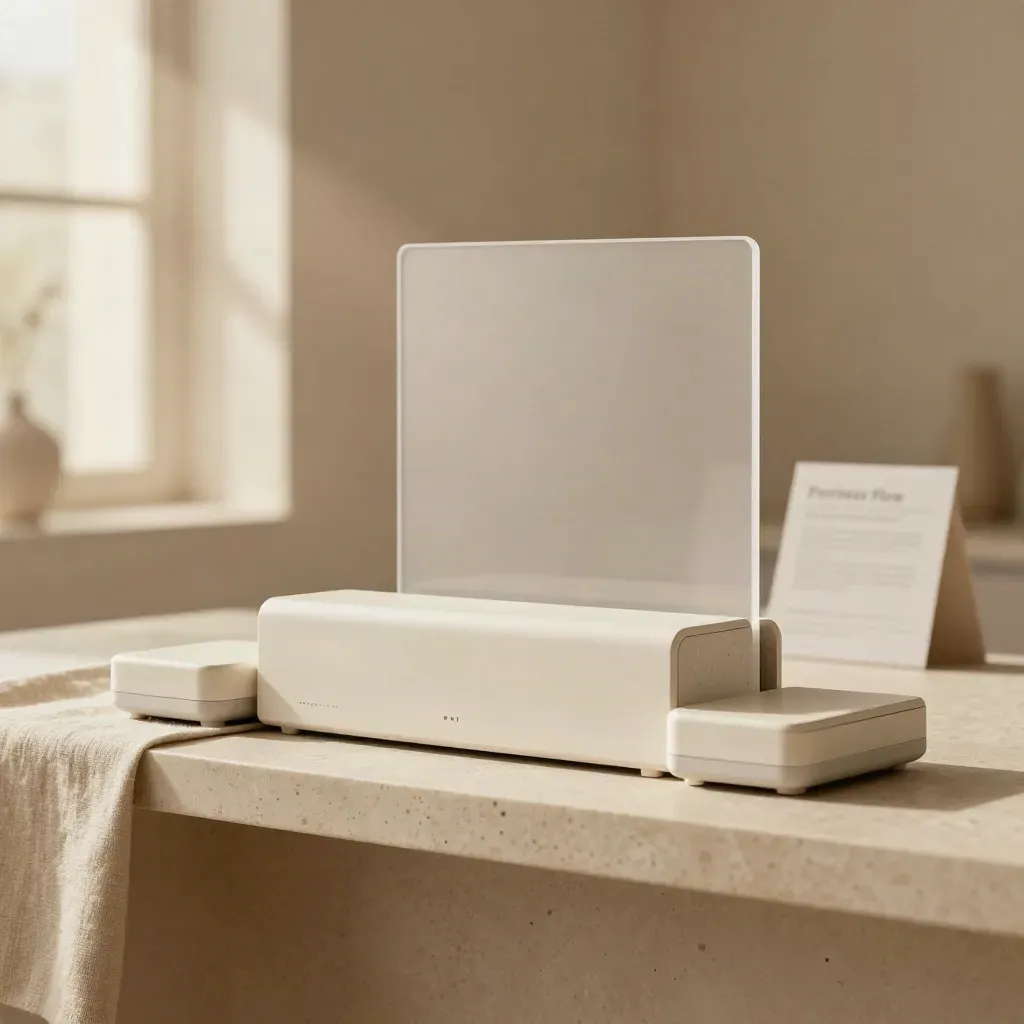 Partner portal kit with docks and translucent frame on travertine in soft daylight.