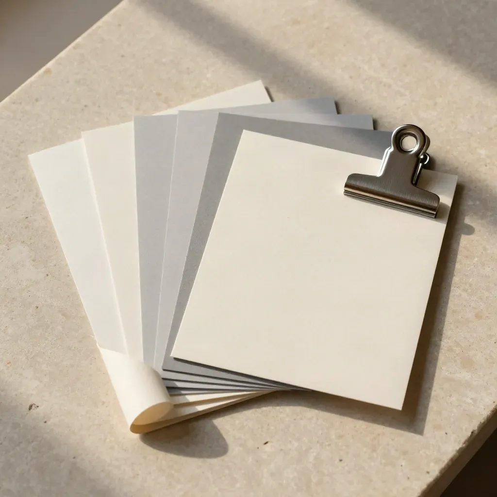 Overhead flatlay of campaign proofs, a cream card and a silver clip on pale stone