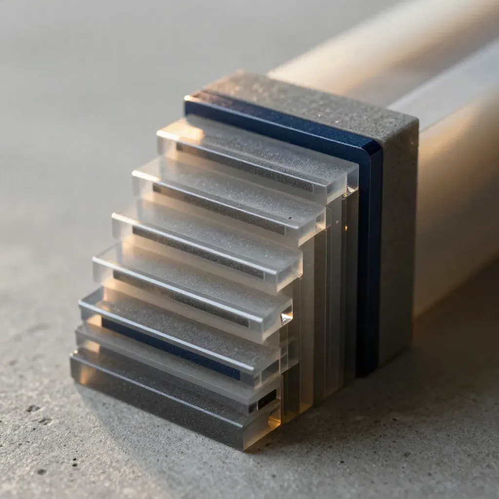 Macro of layered translucent SaaS pipeline blocks on concrete with mist and navy reflections.