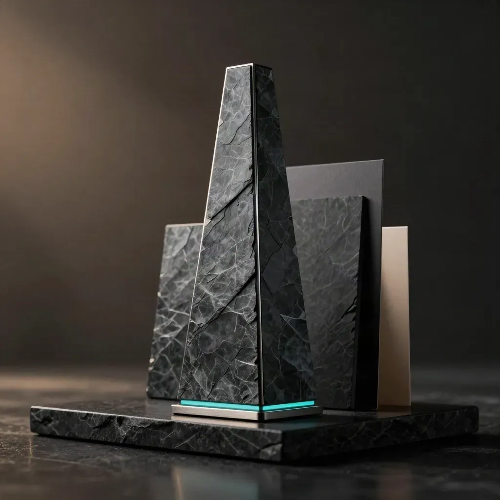 Tall enterprise plan monolith with companion slabs and a teal-lit band on a dark studio plinth.