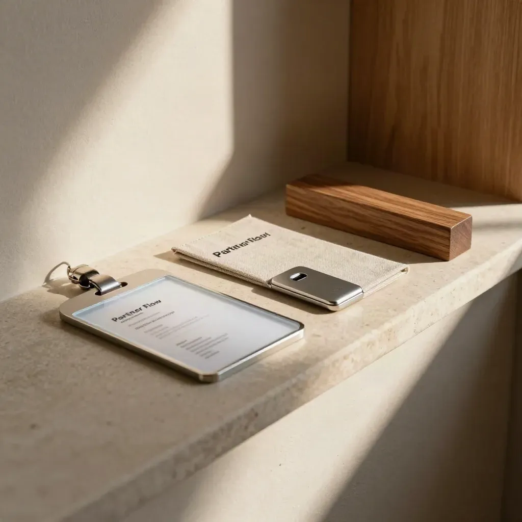 Macro of onboarding kit materials on a sunlit stone ledge in a warm oak-and-plaster nook