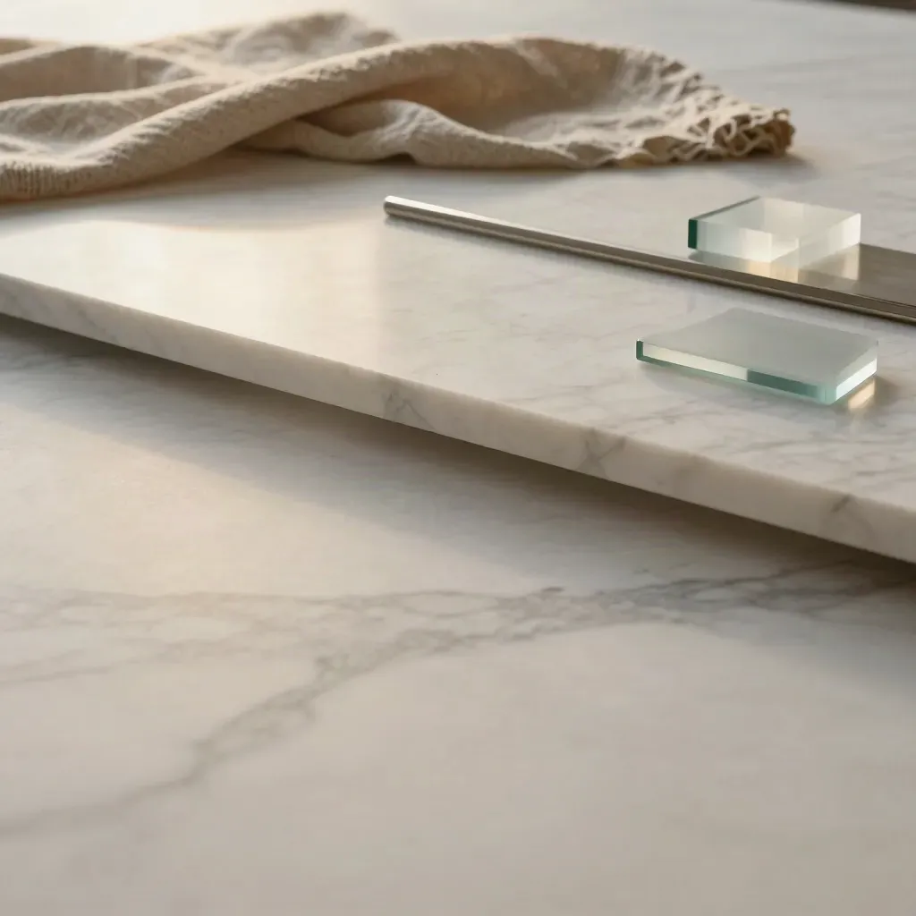 Sunlit marble with linen, ceramic and glass accents, calm copy space above.