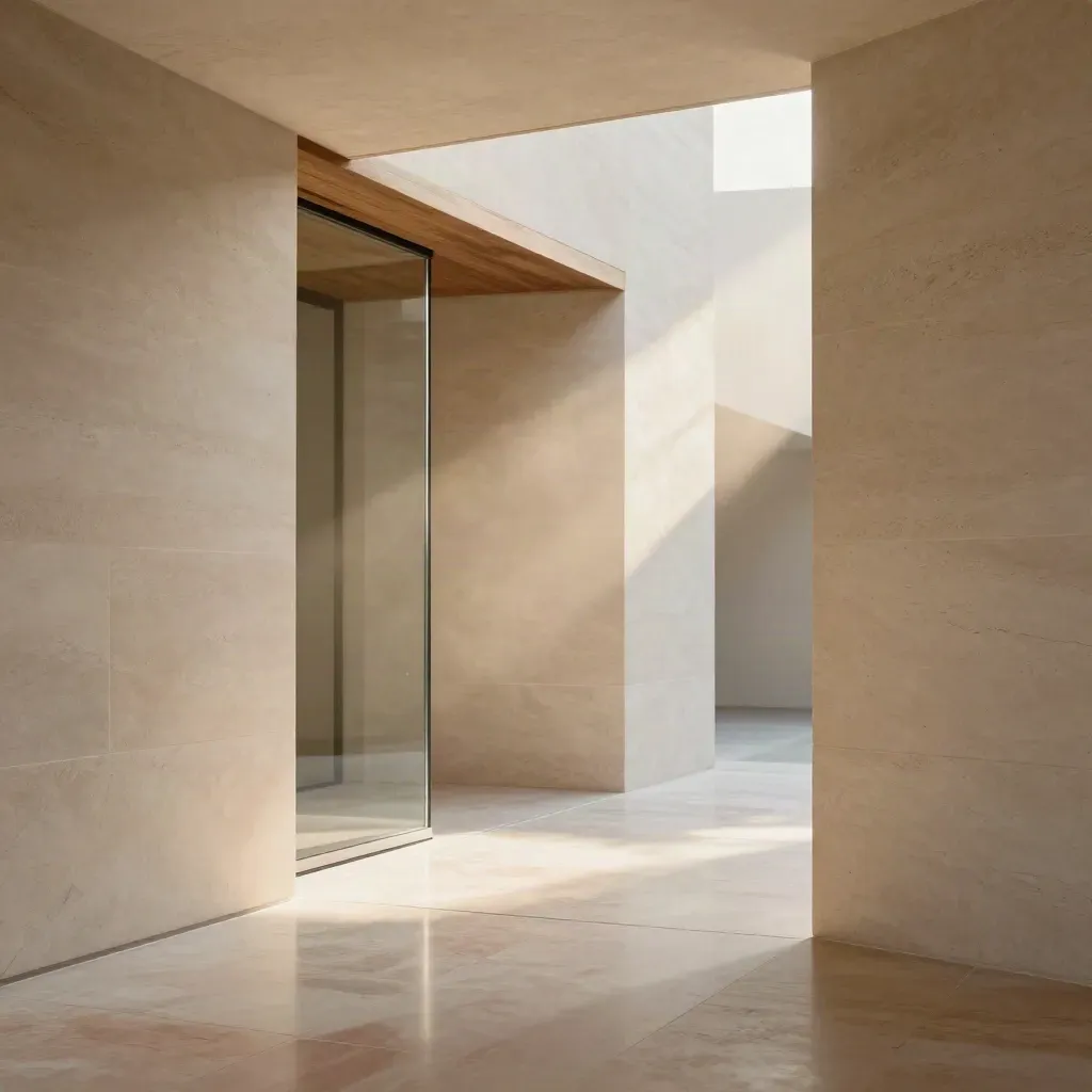 Sunlit stone corridor with glass opening and timber niche, calm lower space for copy.