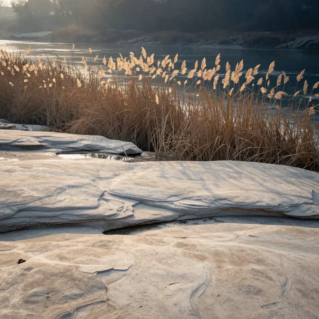 Sunlit limestone riverbank with reeds, misty water, and open calm foreground for copy.