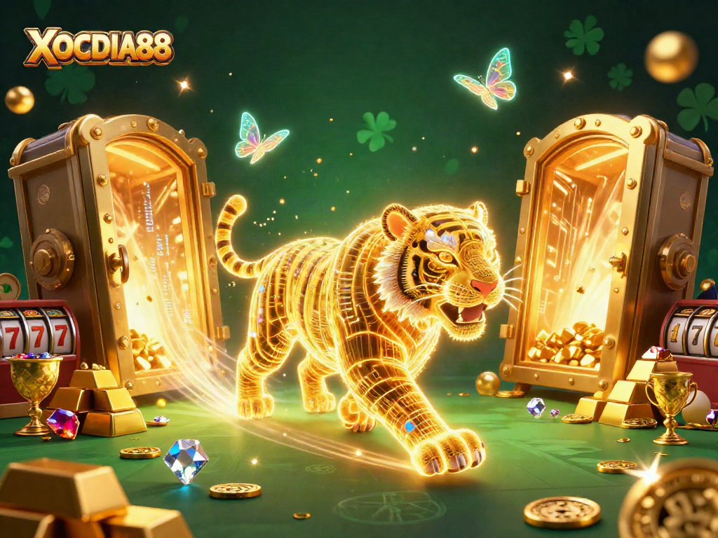 Engage with XOCDIA88's dazzling casino world featuring animated golden tiger and treasures.