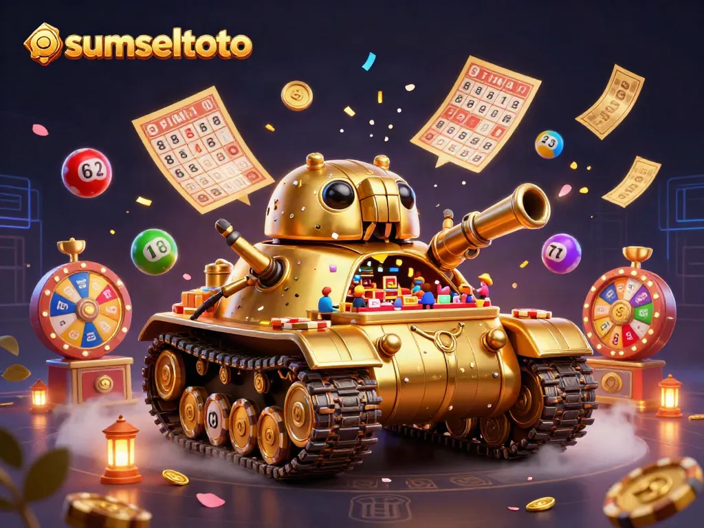 Experience sumseltoto's vibrant gaming scene with a golden beetle tank revealing a miniature casino.