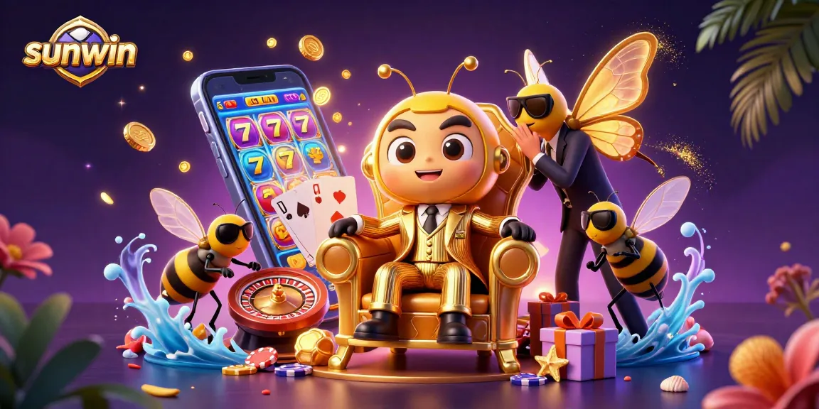 Experience the thrill of sunwin with a vibrant 3D casino scene featuring a mob boss and spinning slot reels.
