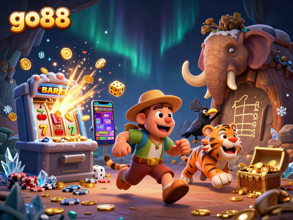 Bet big with go88 at a lively prehistoric casino featuring dynamic characters and vibrant game symbols.