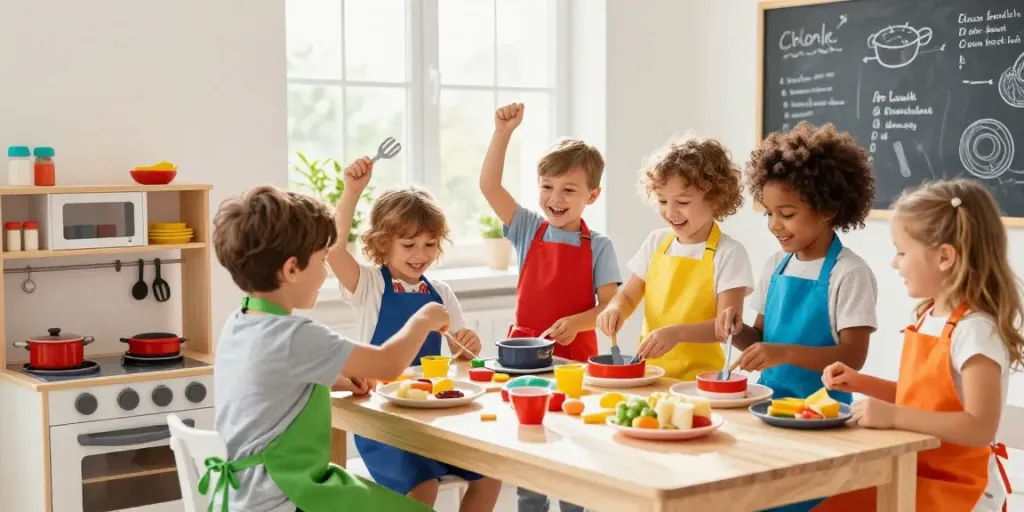 Kids kitchen scene with children joyfully cooking together in a bright playroom, surrounded by toy utensils and vibrant play food.