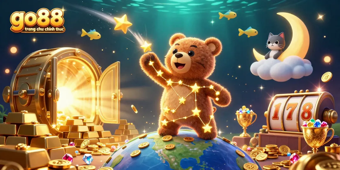 Engage with go88 trang chu chinh thuc through vibrant 3D illustration showcasing slot games and treasure elements.