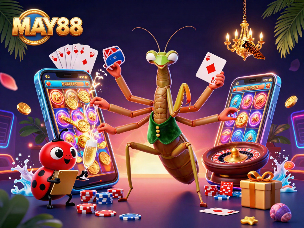 Experience exhilarating gameplay with MAY88, featuring dynamic casino elements and engaging characters in a vibrant digital illustration.