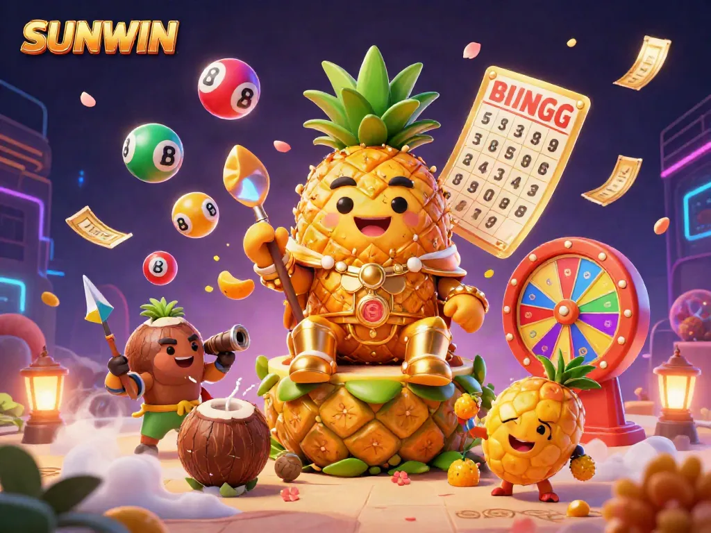SUNWIN offers a vibrant beach casino scene featuring a pineapple king, lively game elements, and festive animations.
