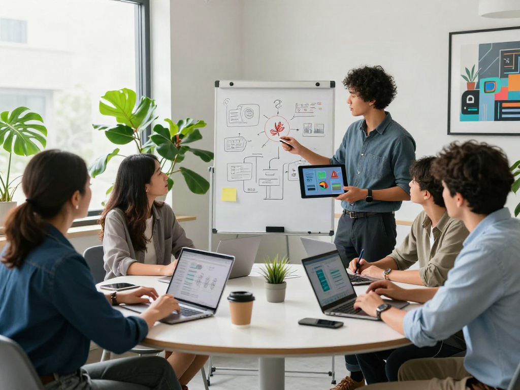 Team collaborating on a spicy ai project in a bright, modern workspace, showcasing innovation and teamwork.