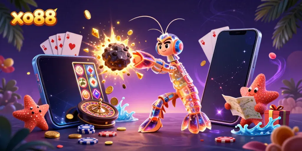 Engage in exciting gameplay at xo88 with a heroic mantis shrimp punching through asteroids, surrounded by dynamic casino elements.